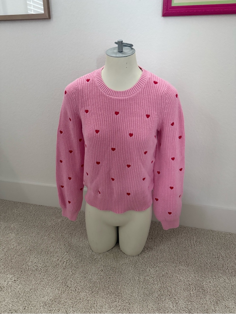 Lucky Brand Pink Crewneck Sweater with Red Heart Motif